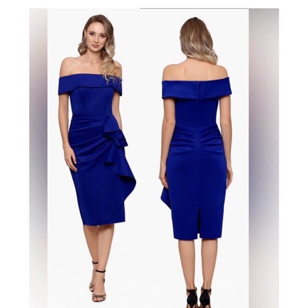 Xscape Dress Size 6 Off The Shoulder Scuba Fit Dark Blue - Picture 2 of 5
